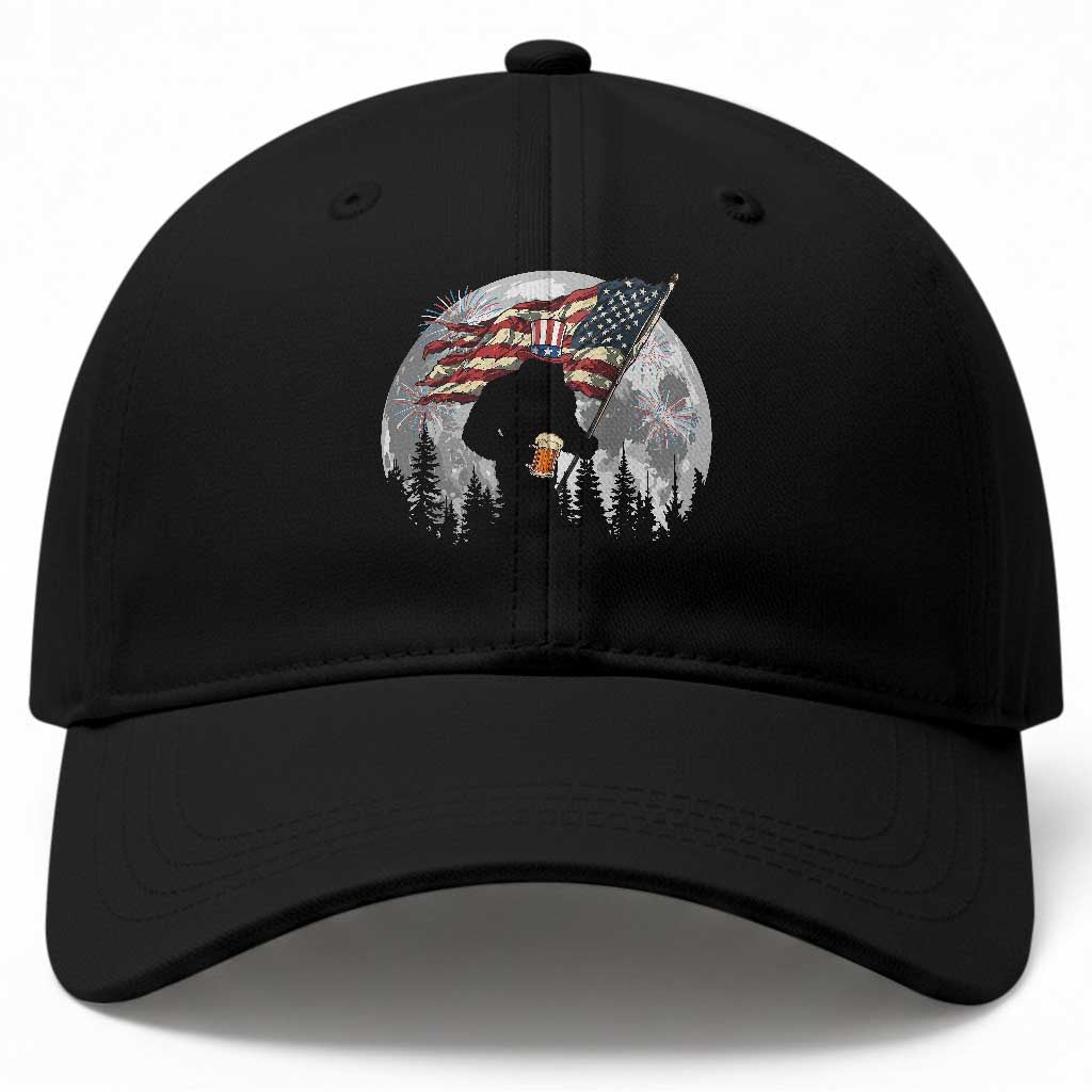 Bigfoot Drinking Beer 4th of July Baseball Cap Sasquatch Hiking Moon American Flag