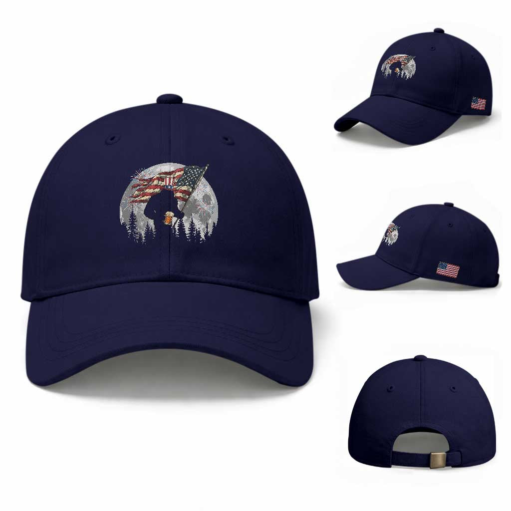 Bigfoot Drinking Beer 4th of July Baseball Cap Sasquatch Hiking Moon American Flag