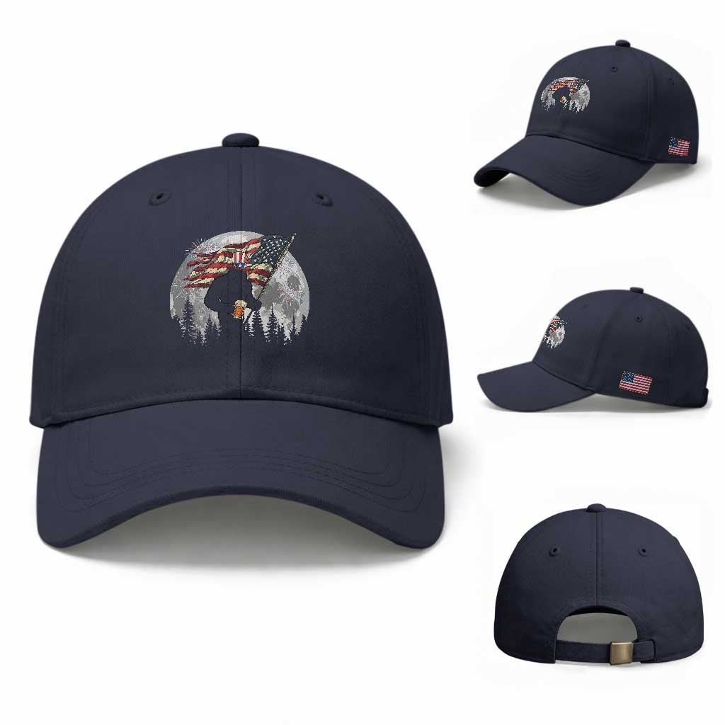Bigfoot Drinking Beer 4th of July Baseball Cap Sasquatch Hiking Moon American Flag