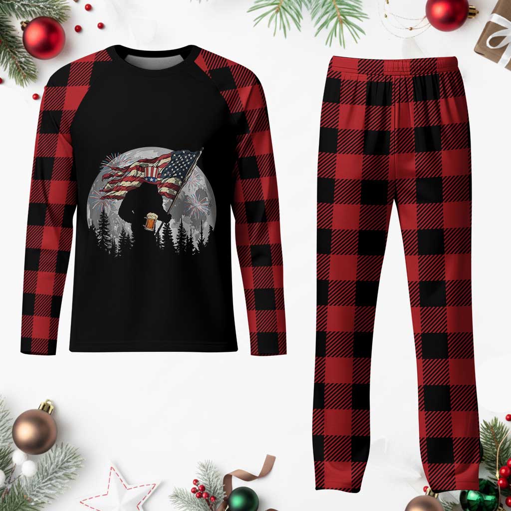 Bigfoot Drinking Beer 4th of July Plaid Pajama Set Sasquatch Hiking Moon American Flag