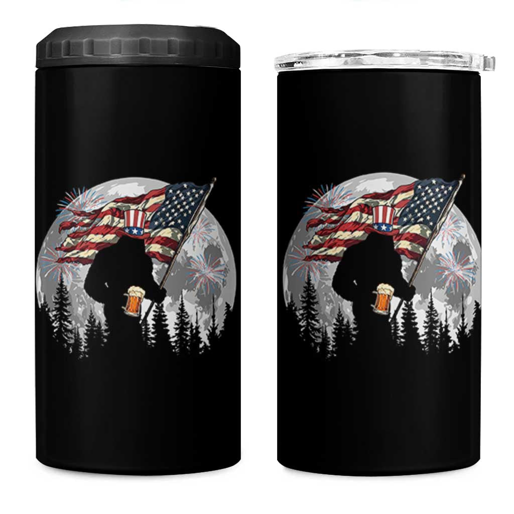 Bigfoot Drinking Beer 4th of July 4 in 1 Can Cooler Tumbler Sasquatch Hiking Moon American Flag