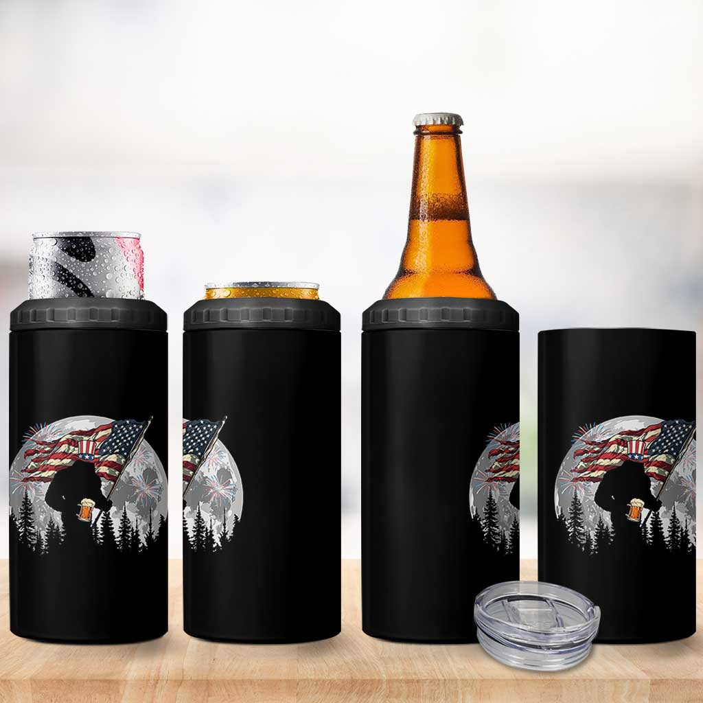 Bigfoot Drinking Beer 4th of July 4 in 1 Can Cooler Tumbler Sasquatch Hiking Moon American Flag