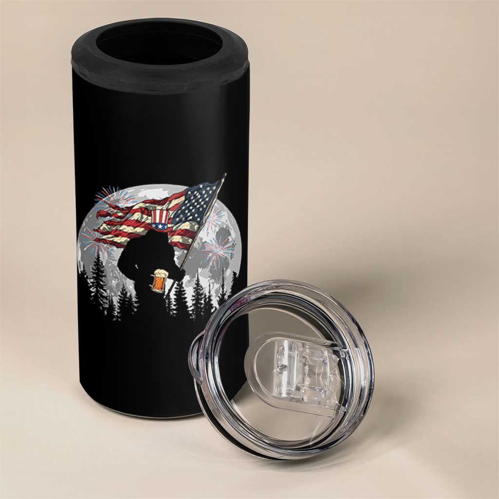 Bigfoot Drinking Beer 4th of July 4 in 1 Can Cooler Tumbler Sasquatch Hiking Moon American Flag