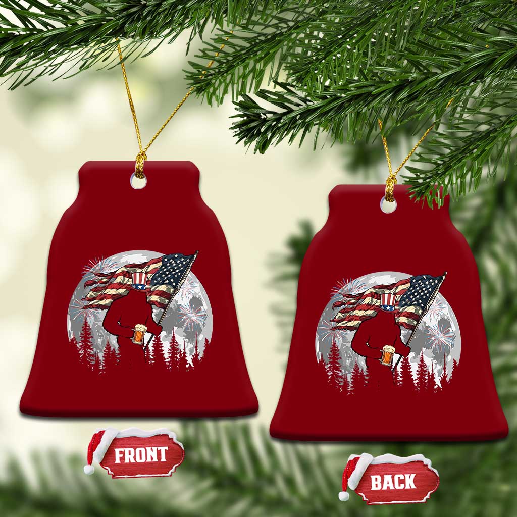 Bigfoot Drinking Beer 4th of July Ceramic Ornament Sasquatch Hiking Moon American Flag