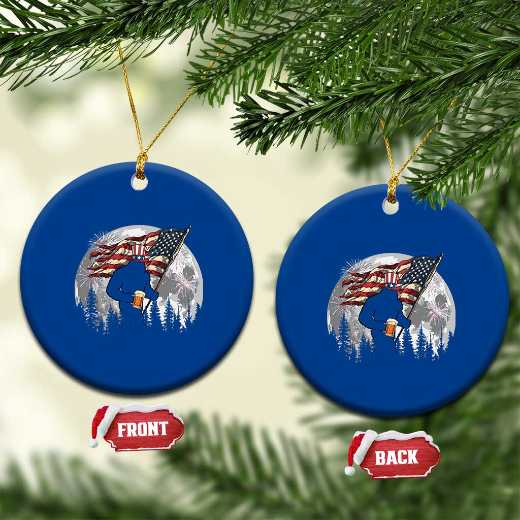 Bigfoot Drinking Beer 4th of July Ceramic Ornament Sasquatch Hiking Moon American Flag