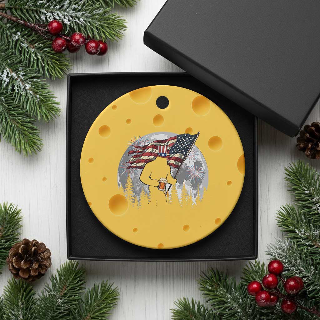 Bigfoot Drinking Beer 4th of July Ceramic Ornament Sasquatch Hiking Moon American Flag