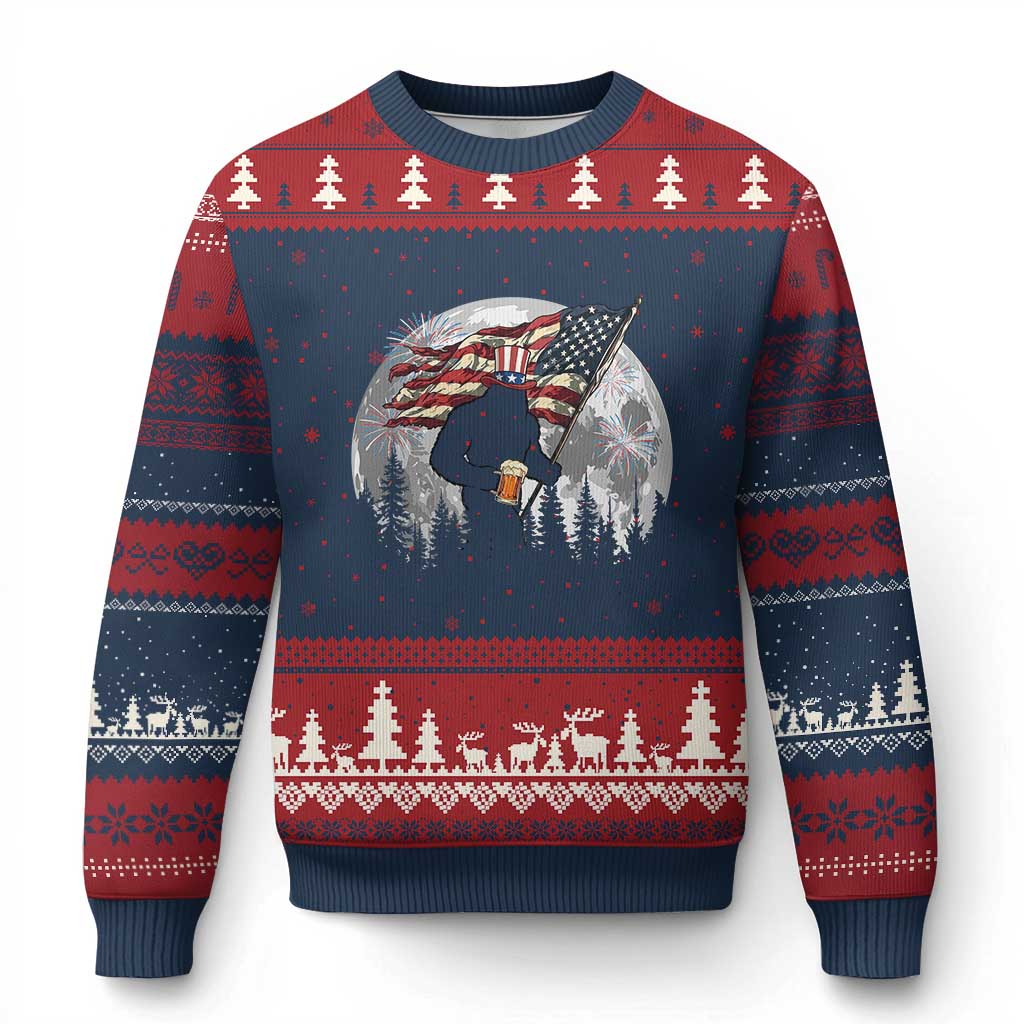 Bigfoot Drinking Beer 4th of July Ugly Christmas Sweater Sasquatch Hiking Moon American Flag