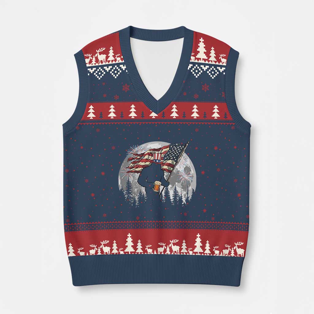 Bigfoot Drinking Beer 4th of July V-Neck Knit Sweater Vest Sasquatch Hiking Moon American Flag