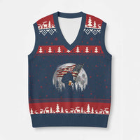 Bigfoot Drinking Beer 4th of July V-Neck Knit Sweater Vest Sasquatch Hiking Moon American Flag