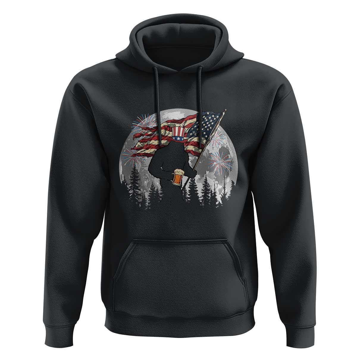 Bigfoot Drinking Beer 4th of July Hoodie Sasquatch Hiking Moon American Flag