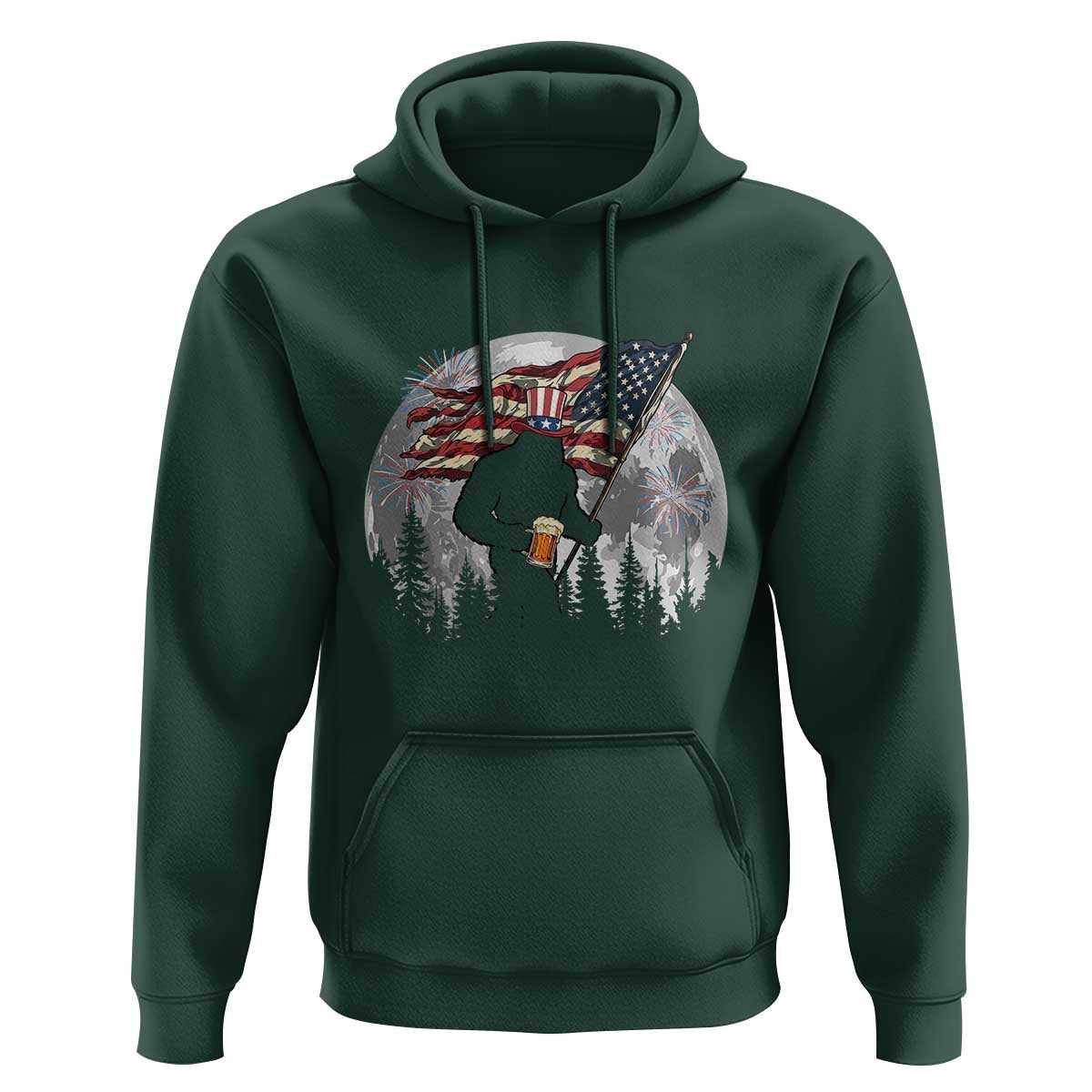 Bigfoot Drinking Beer 4th of July Hoodie Sasquatch Hiking Moon American Flag