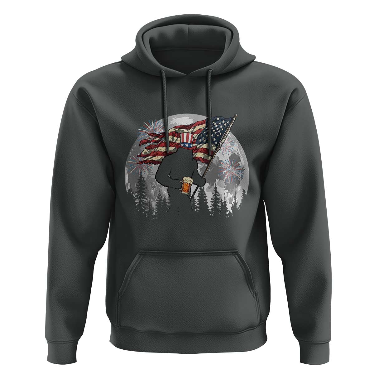 Bigfoot Drinking Beer 4th of July Hoodie Sasquatch Hiking Moon American Flag