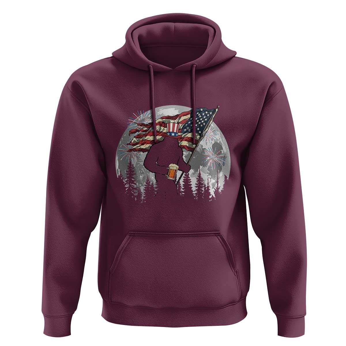 Bigfoot Drinking Beer 4th of July Hoodie Sasquatch Hiking Moon American Flag