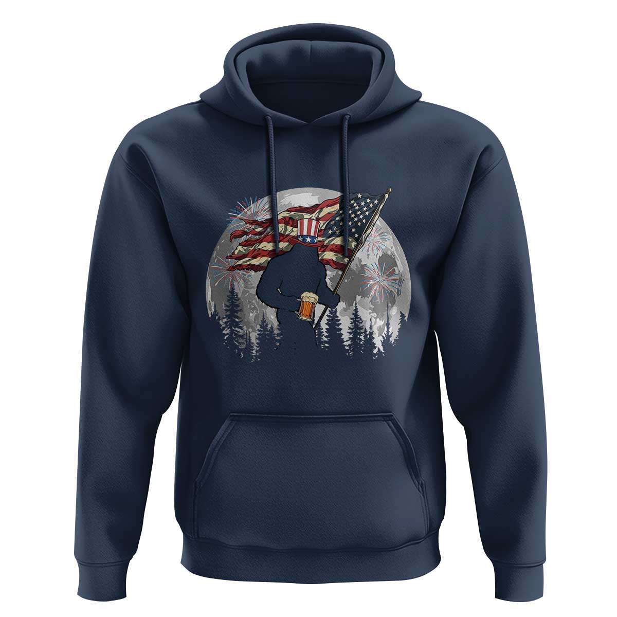 Bigfoot Drinking Beer 4th of July Hoodie Sasquatch Hiking Moon American Flag