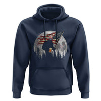 Bigfoot Drinking Beer 4th of July Hoodie Sasquatch Hiking Moon American Flag