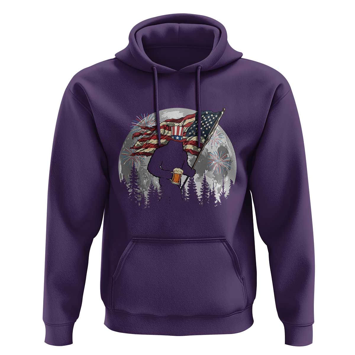 Bigfoot Drinking Beer 4th of July Hoodie Sasquatch Hiking Moon American Flag