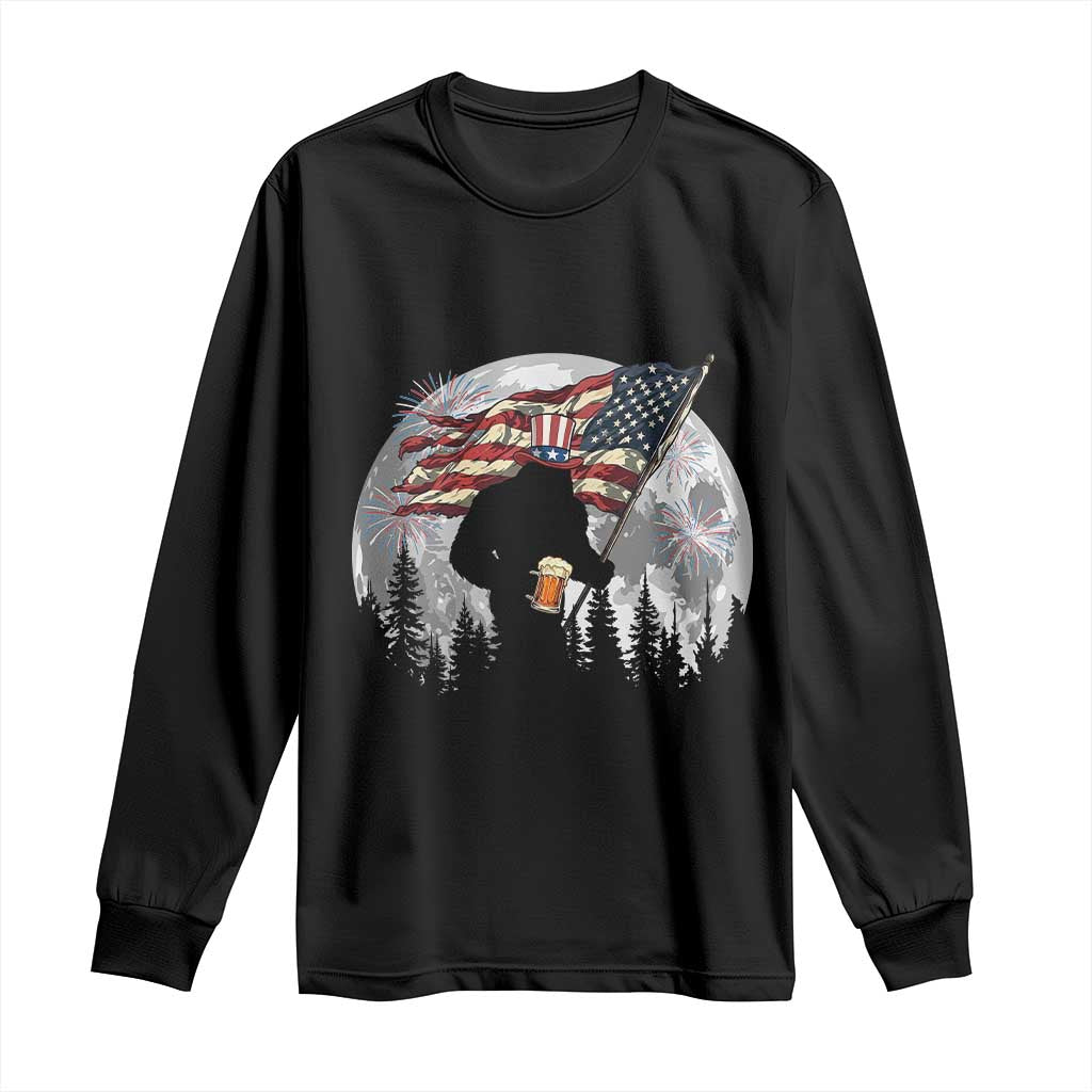 Bigfoot Drinking Beer 4th of July Long Sleeve Shirt Sasquatch Hiking Moon American Flag