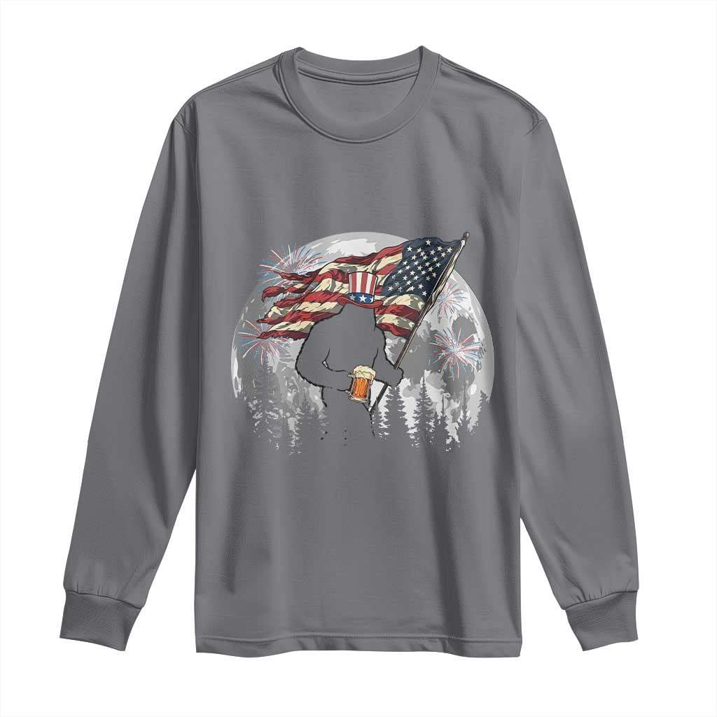 Bigfoot Drinking Beer 4th of July Long Sleeve Shirt Sasquatch Hiking Moon American Flag