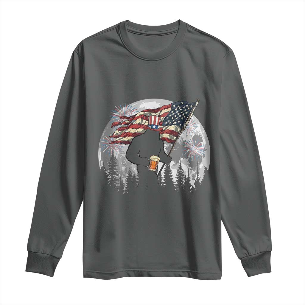 Bigfoot Drinking Beer 4th of July Long Sleeve Shirt Sasquatch Hiking Moon American Flag
