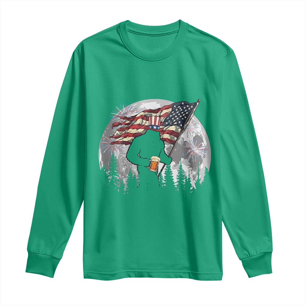 Bigfoot Drinking Beer 4th of July Long Sleeve Shirt Sasquatch Hiking Moon American Flag