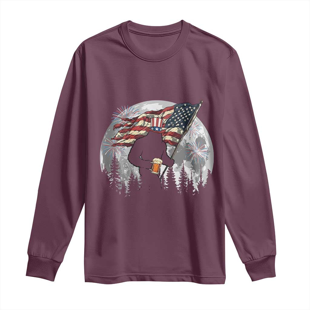 Bigfoot Drinking Beer 4th of July Long Sleeve Shirt Sasquatch Hiking Moon American Flag