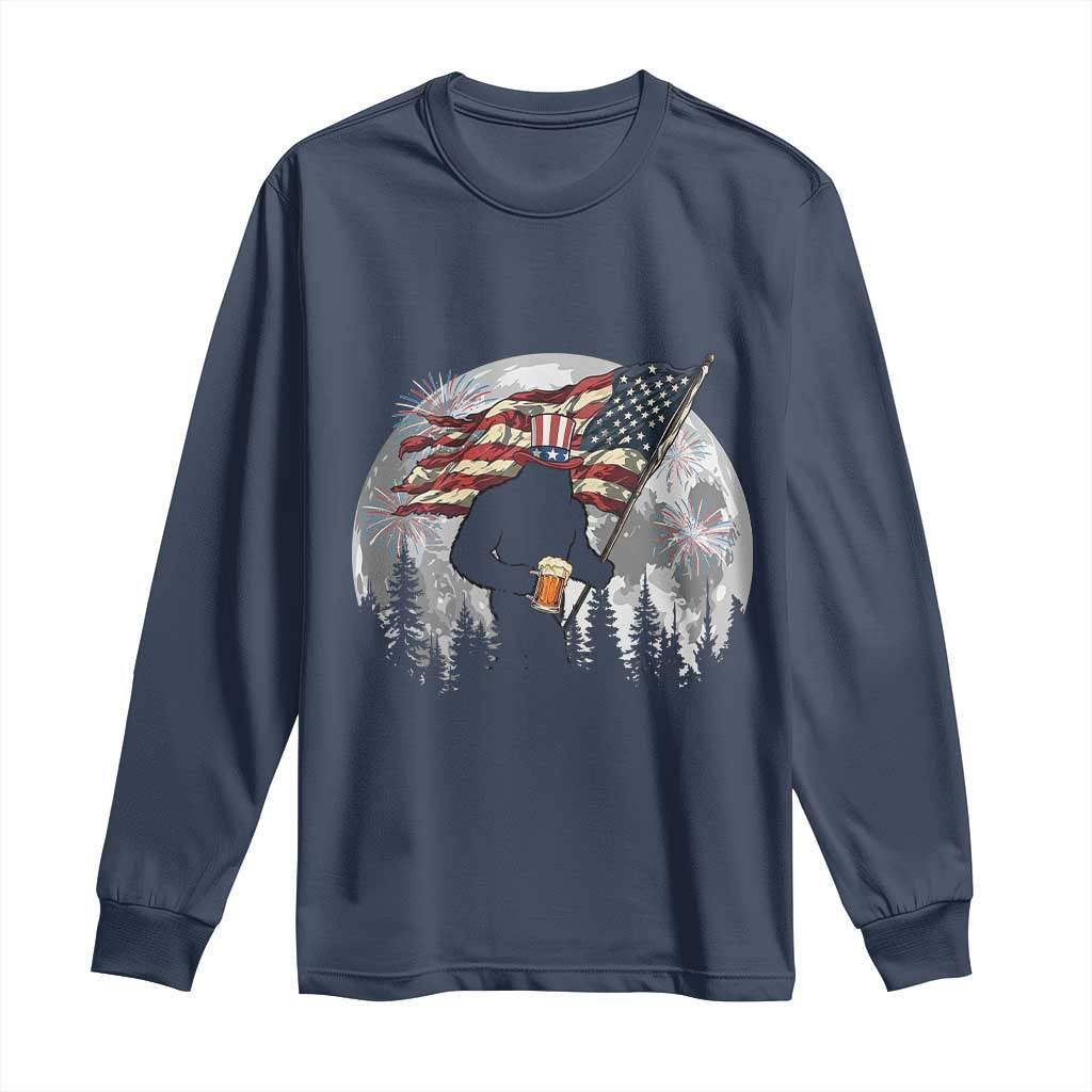 Bigfoot Drinking Beer 4th of July Long Sleeve Shirt Sasquatch Hiking Moon American Flag