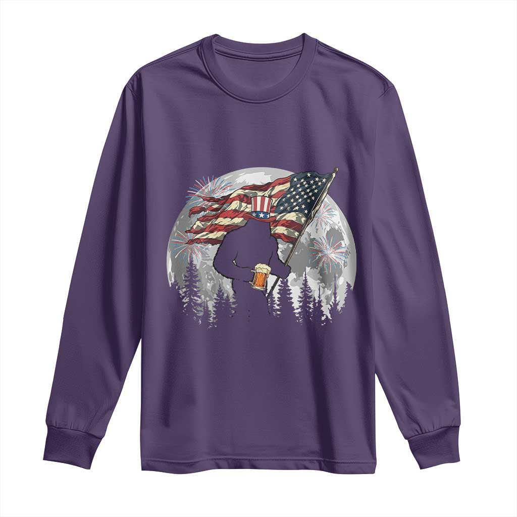 Bigfoot Drinking Beer 4th of July Long Sleeve Shirt Sasquatch Hiking Moon American Flag