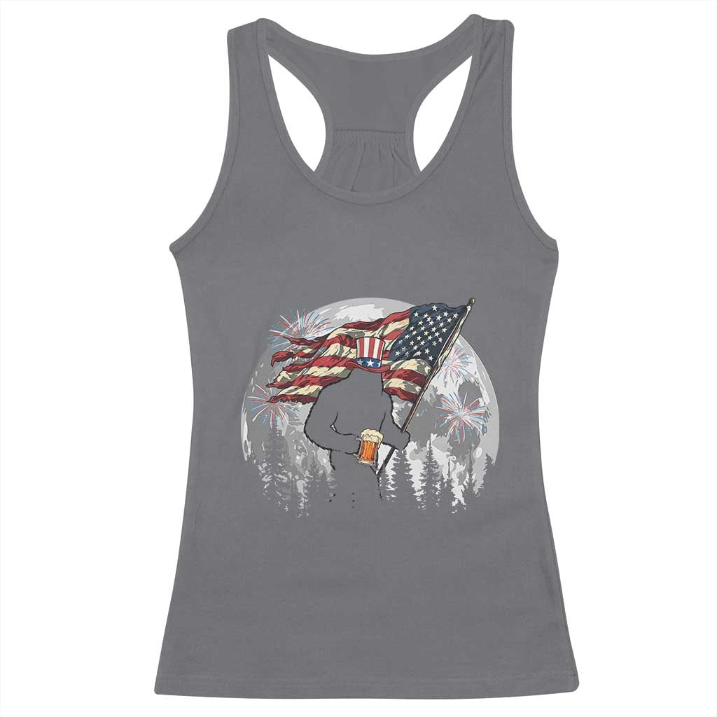 Bigfoot Drinking Beer 4th of July Racerback Tank Top Sasquatch Hiking Moon American Flag