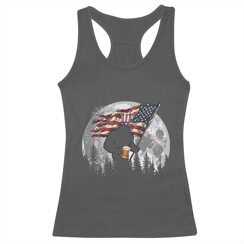 Bigfoot Drinking Beer 4th of July Racerback Tank Top Sasquatch Hiking Moon American Flag