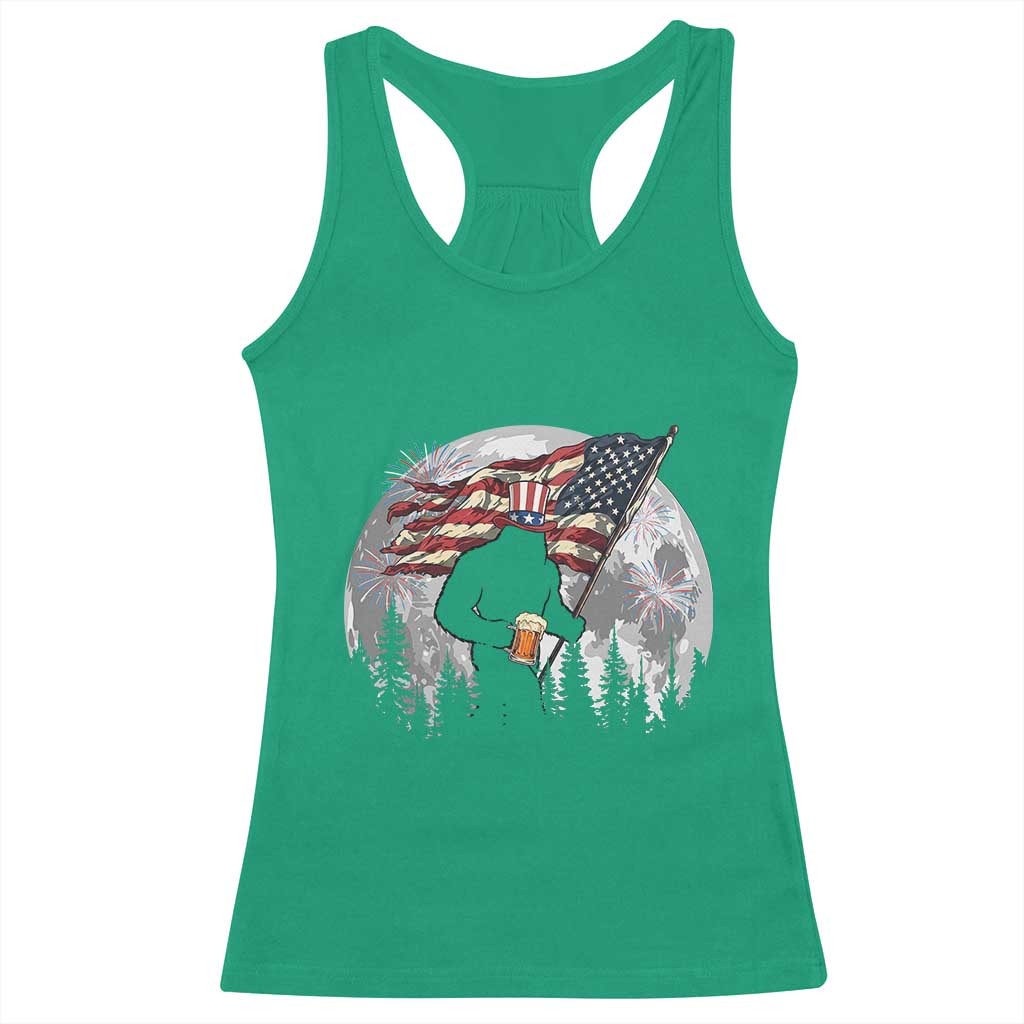 Bigfoot Drinking Beer 4th of July Racerback Tank Top Sasquatch Hiking Moon American Flag
