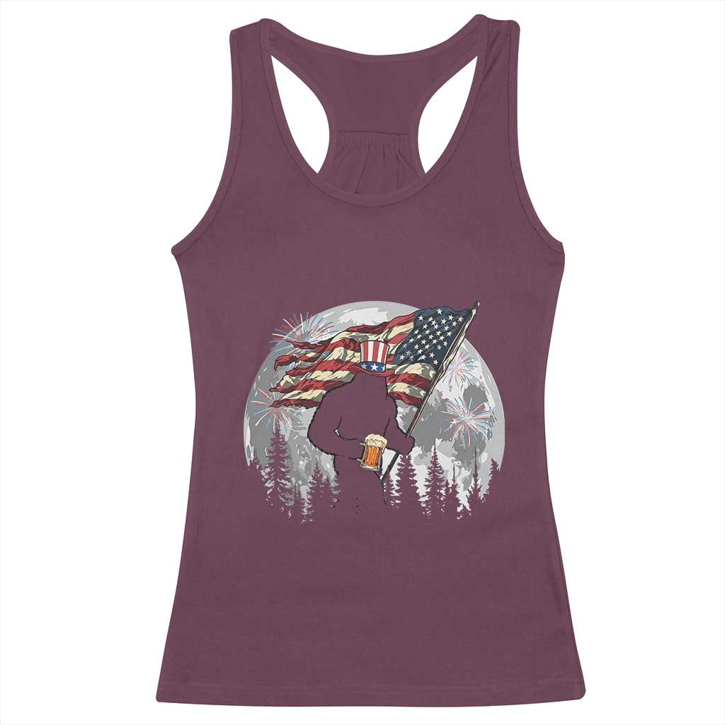 Bigfoot Drinking Beer 4th of July Racerback Tank Top Sasquatch Hiking Moon American Flag