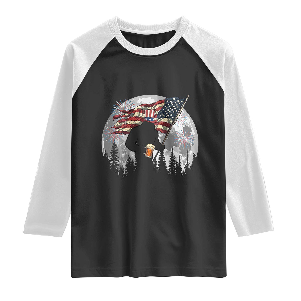 Bigfoot Drinking Beer 4th of July Raglan Shirt Sasquatch Hiking Moon American Flag