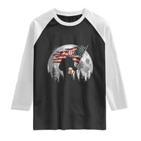 Bigfoot Drinking Beer 4th of July Raglan Shirt Sasquatch Hiking Moon American Flag