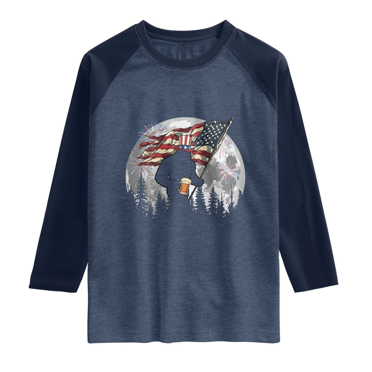 Bigfoot Drinking Beer 4th of July Raglan Shirt Sasquatch Hiking Moon American Flag