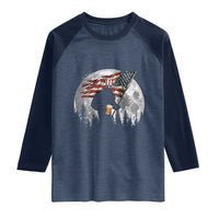 Bigfoot Drinking Beer 4th of July Raglan Shirt Sasquatch Hiking Moon American Flag