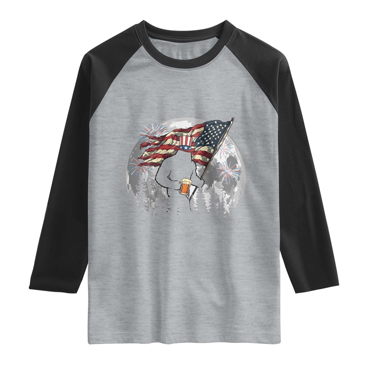 Bigfoot Drinking Beer 4th of July Raglan Shirt Sasquatch Hiking Moon American Flag