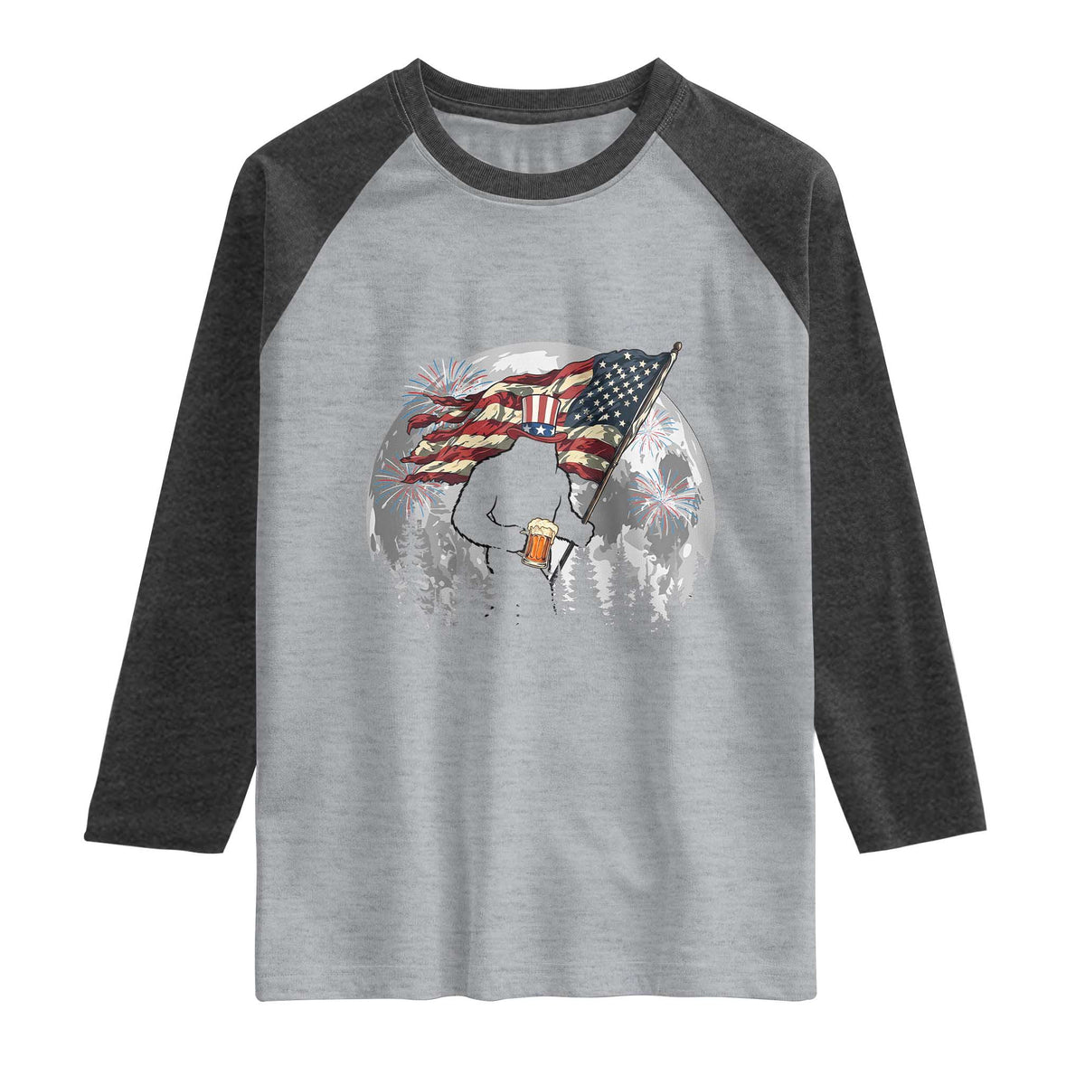 Bigfoot Drinking Beer 4th of July Raglan Shirt Sasquatch Hiking Moon American Flag