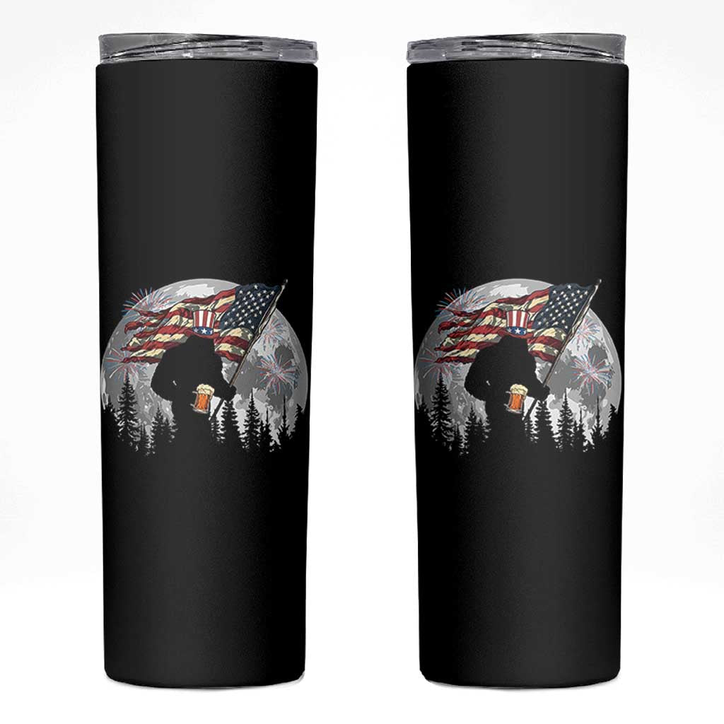 Bigfoot Drinking Beer 4th of July Skinny Tumbler Sasquatch Hiking Moon American Flag