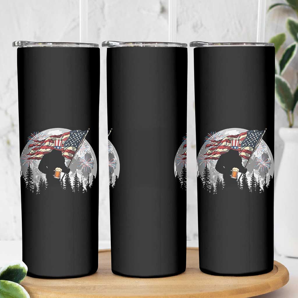 Bigfoot Drinking Beer 4th of July Skinny Tumbler Sasquatch Hiking Moon American Flag