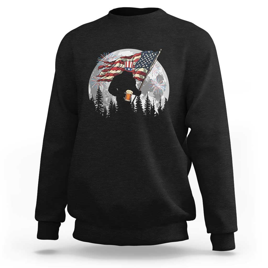 Bigfoot Drinking Beer 4th of July Sweatshirt Sasquatch Hiking Moon American Flag