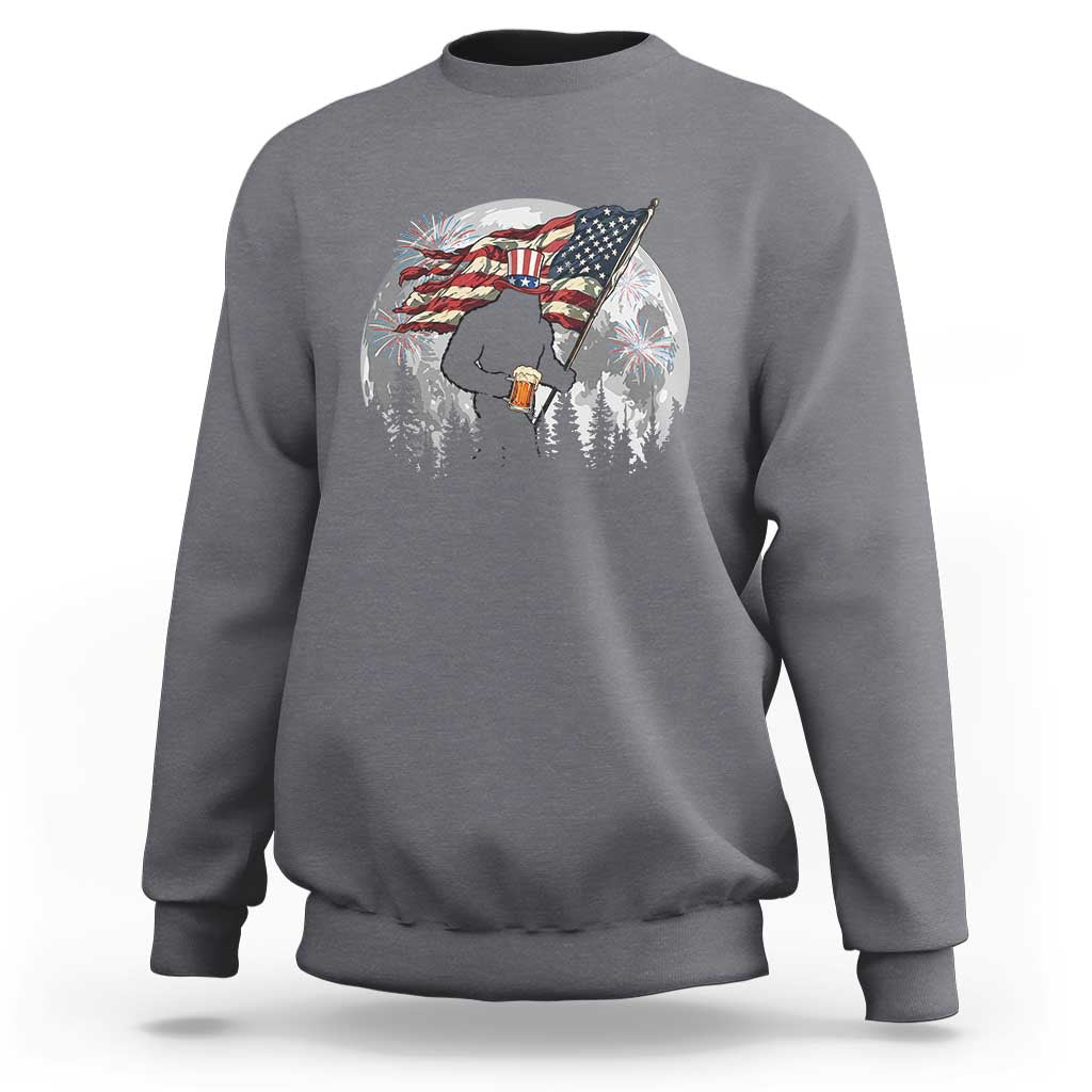 Bigfoot Drinking Beer 4th of July Sweatshirt Sasquatch Hiking Moon American Flag