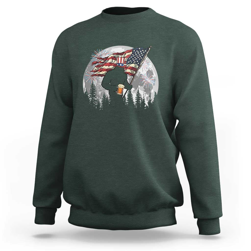 Bigfoot Drinking Beer 4th of July Sweatshirt Sasquatch Hiking Moon American Flag