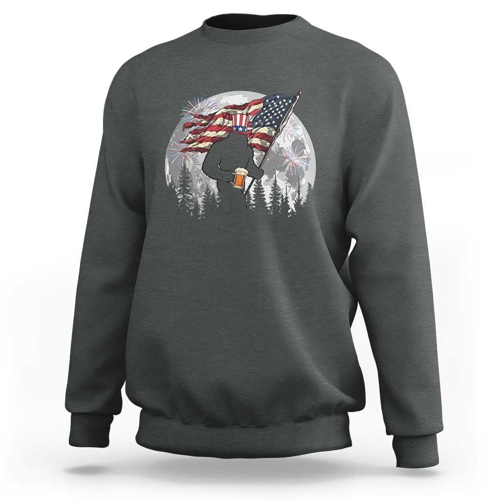 Bigfoot Drinking Beer 4th of July Sweatshirt Sasquatch Hiking Moon American Flag
