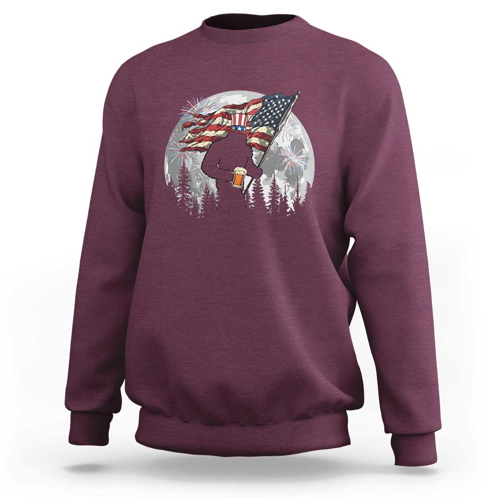 Bigfoot Drinking Beer 4th of July Sweatshirt Sasquatch Hiking Moon American Flag