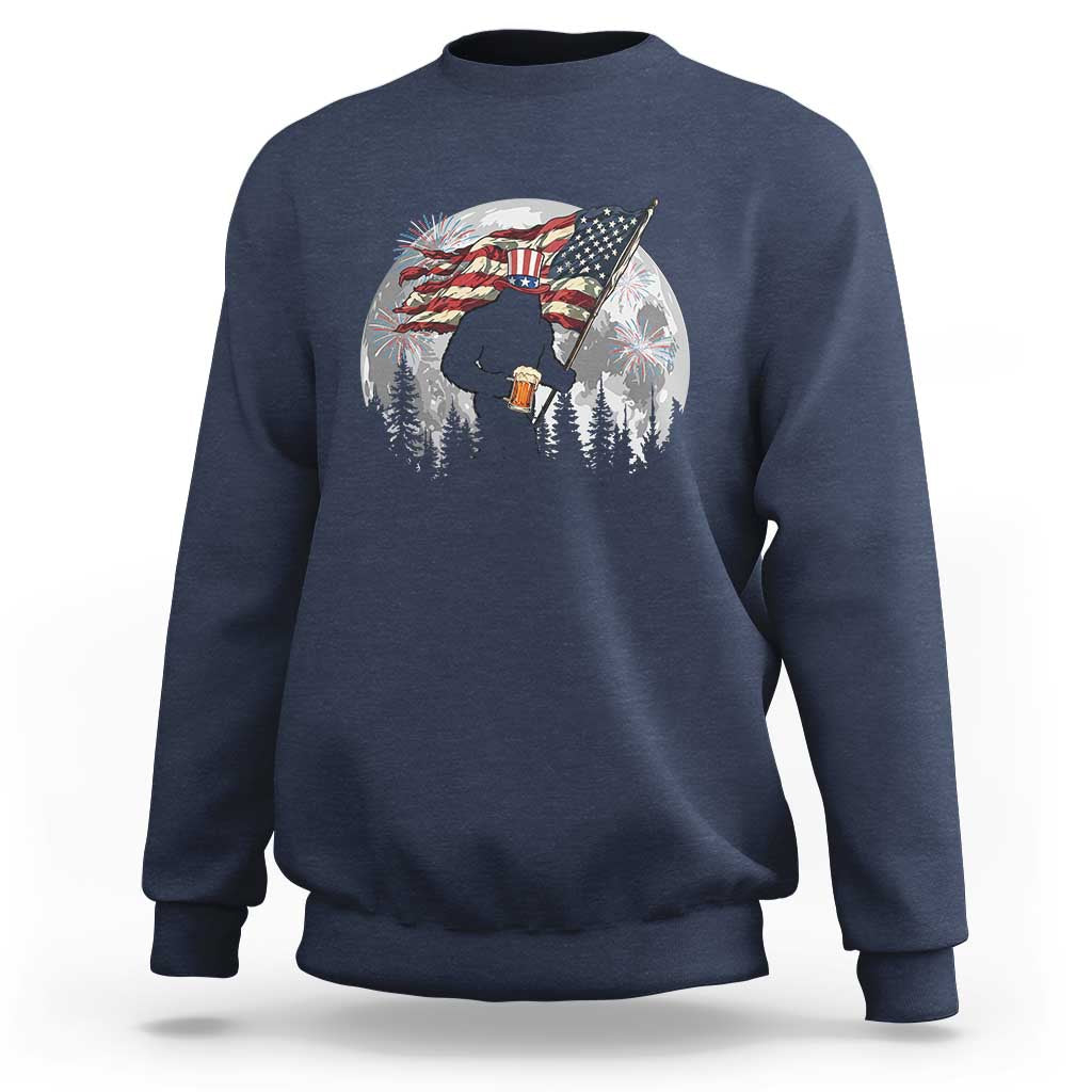 Bigfoot Drinking Beer 4th of July Sweatshirt Sasquatch Hiking Moon American Flag