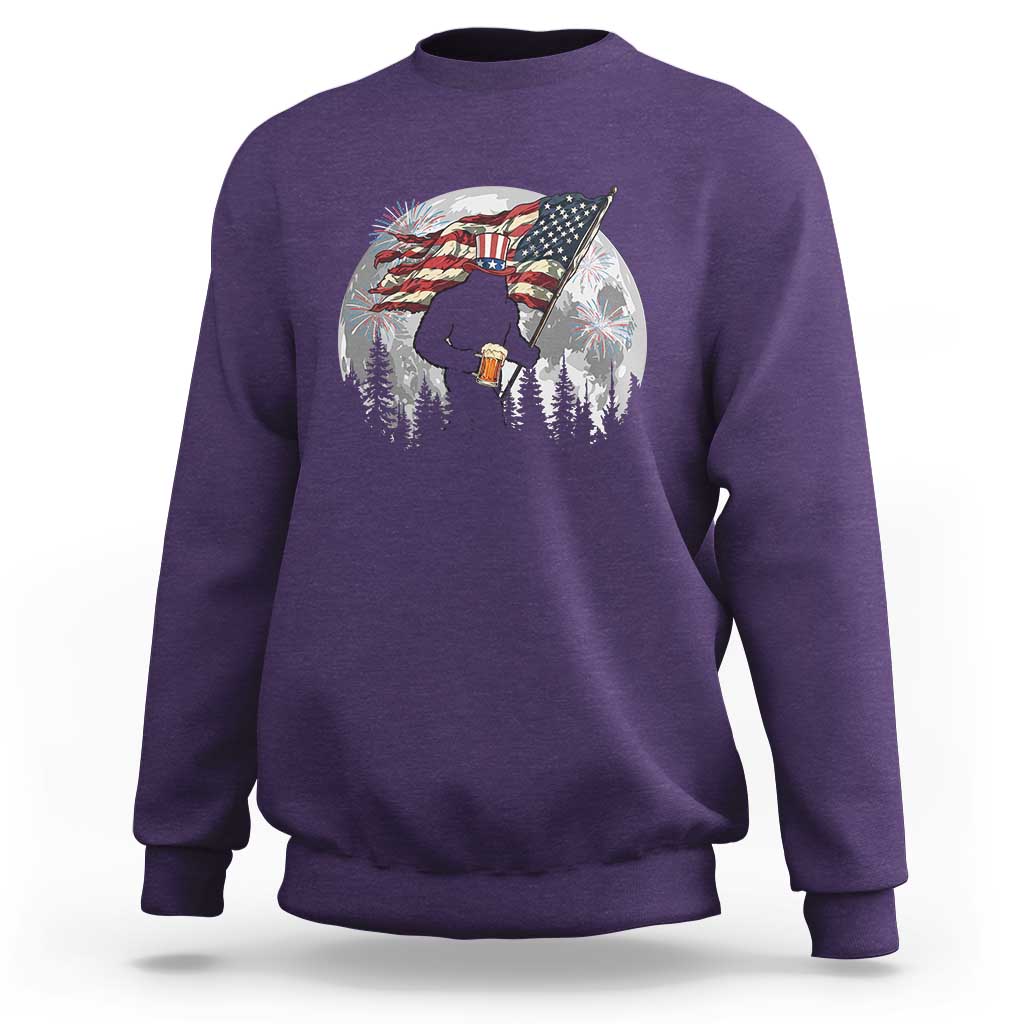 Bigfoot Drinking Beer 4th of July Sweatshirt Sasquatch Hiking Moon American Flag