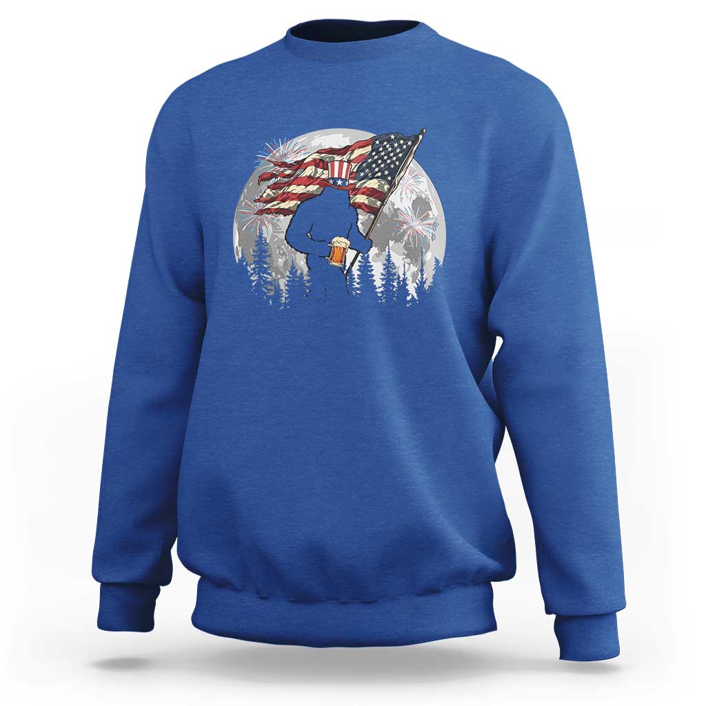 Bigfoot Drinking Beer 4th of July Sweatshirt Sasquatch Hiking Moon American Flag
