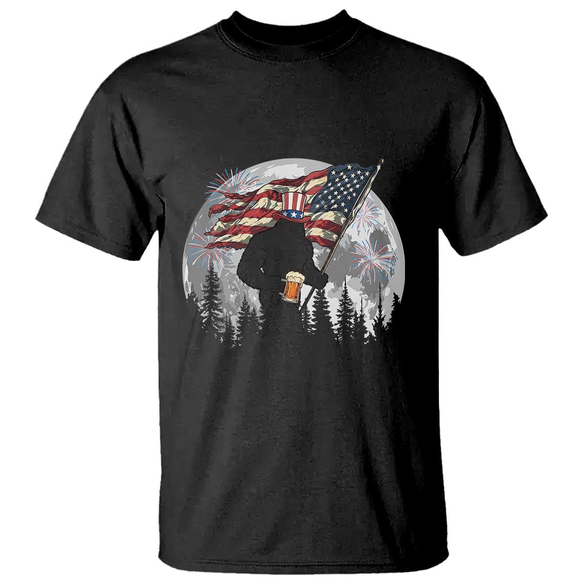 Bigfoot Drinking Beer 4th of July T Shirt Sasquatch Hiking Moon American Flag
