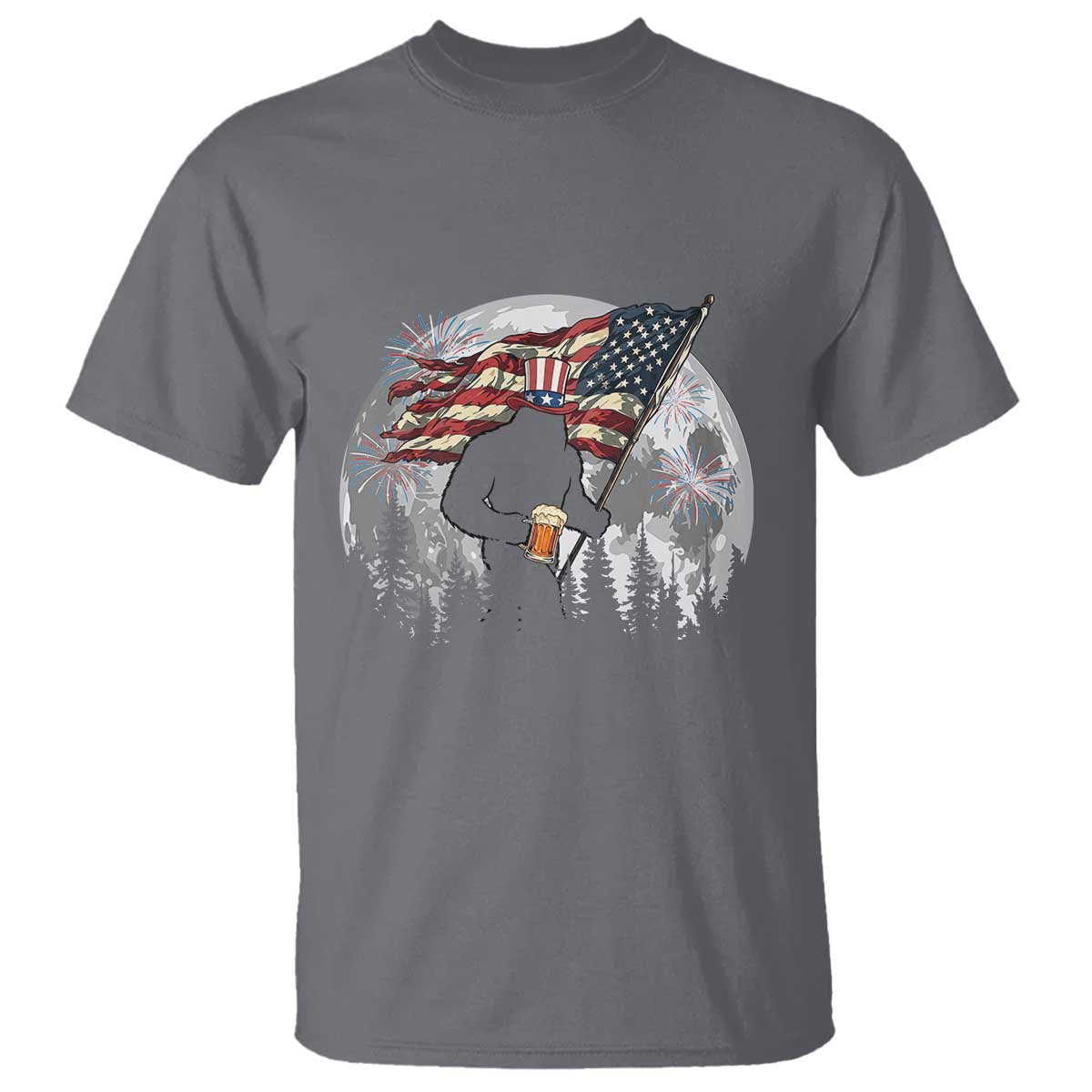 Bigfoot Drinking Beer 4th of July T Shirt Sasquatch Hiking Moon American Flag