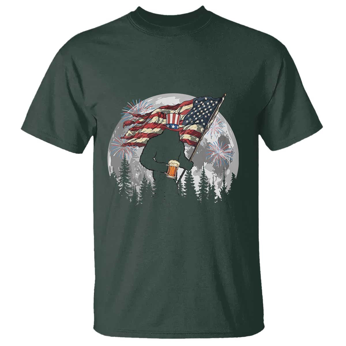 Bigfoot Drinking Beer 4th of July T Shirt Sasquatch Hiking Moon American Flag